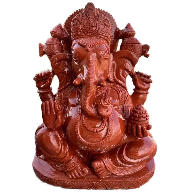 Handcrafted Red Aventurine Ganesha Carving Artistic Hindu Spiritual Healing Sculpture Natural Crystal Semi-Precious Jasper Stone