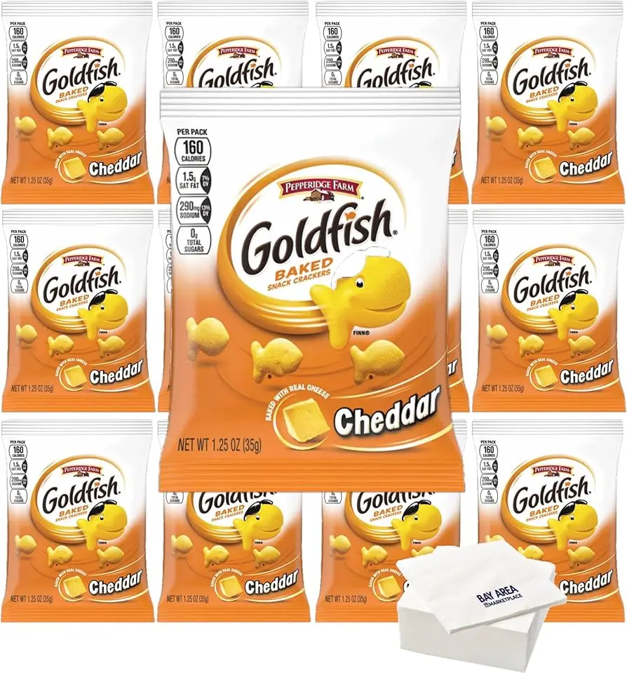 GOLDFISH Crispy Baked Snack Crackers Sugar-Free Wafers in Bar Pattern Box Packaging with Sweet Salty & Spicy Flavors