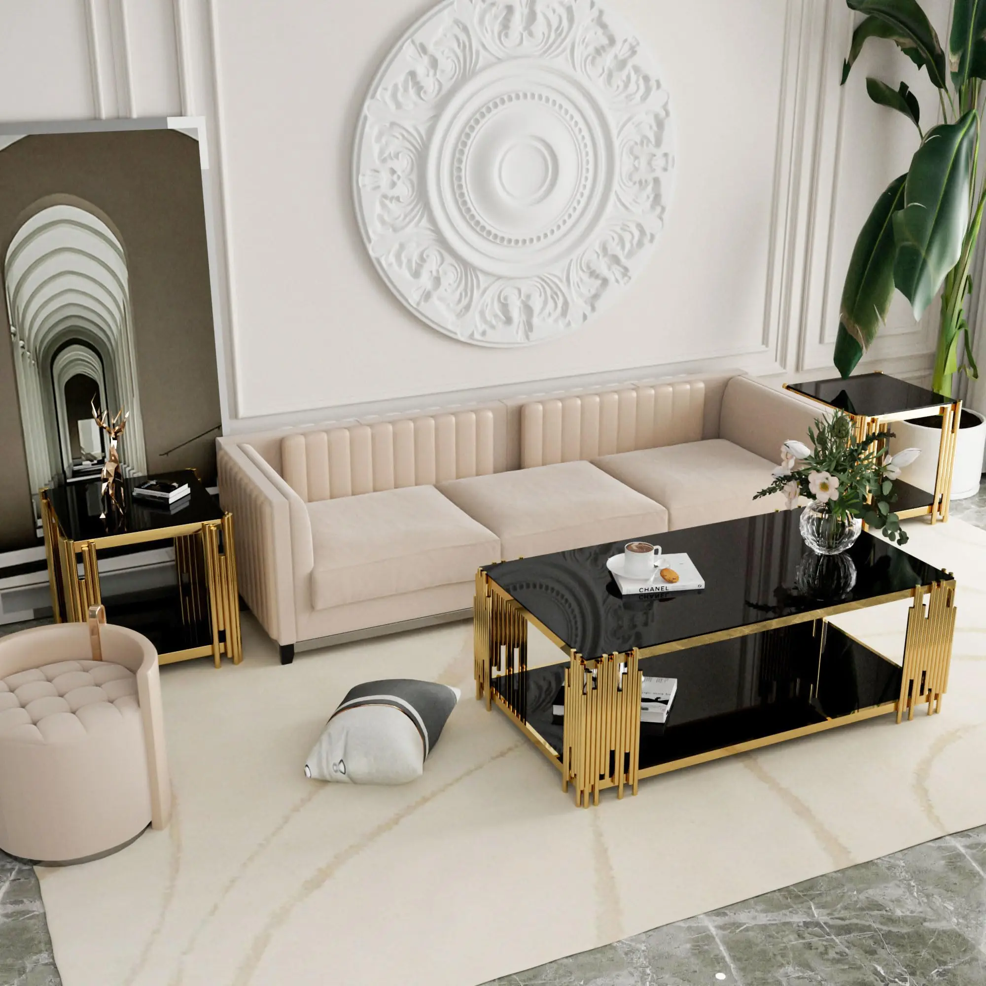 Luxury Modern Design Golden Simple Polished Tempered Tempered Glass Top Rectangular Coffee Table Coffee Table