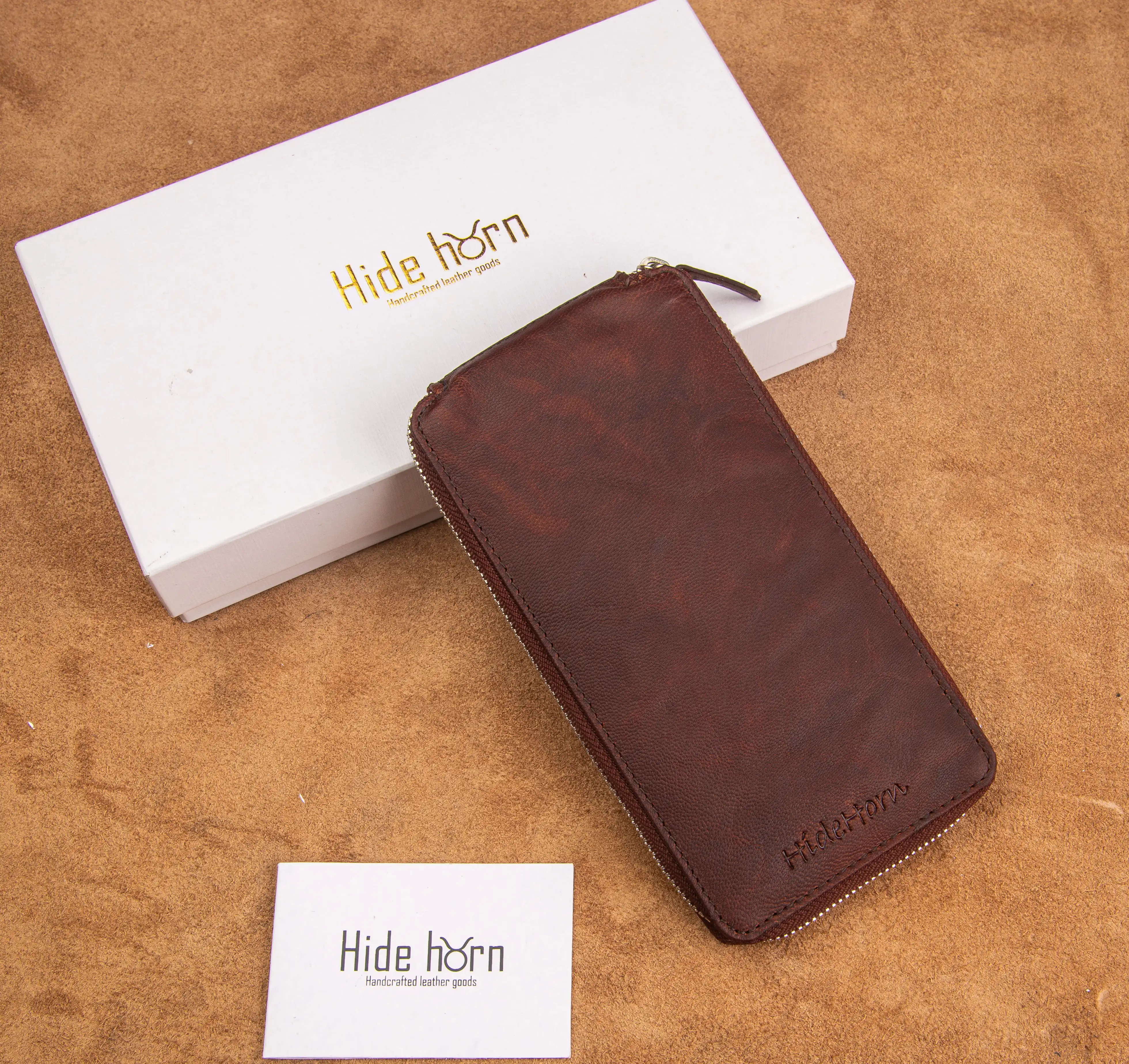 Men Mobile Wallet Custom Package Multifunction Long Hide Horn Crumple Genuine Leather Unisex Zipper Closure Hot Selling Brown