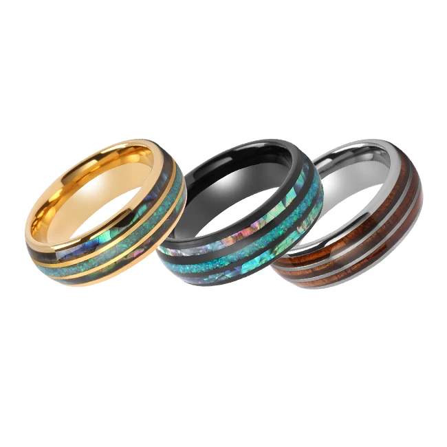ring Tungsten Manufacturer Custom man colored shells inlay Wood Opal anillos hombre fine Jewellery Tungsten carbide ring for men