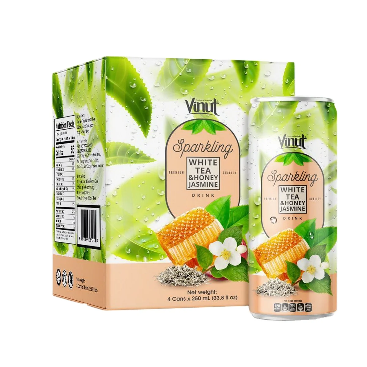 Box 4 Cans VINUT Premium White tea Honey Jasmine Sparkling water customisable