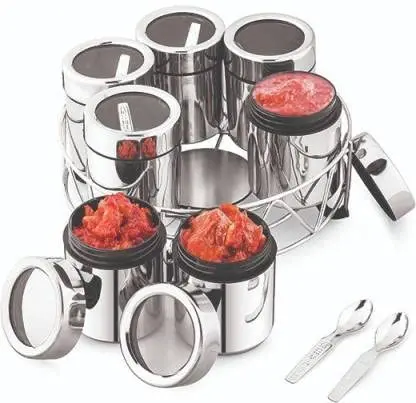 STEELE Masala Box for Kitchen  Set of 7 Stainless Steel Containers Handcrafted & Hand Painted Indian Spice Box Container wooden