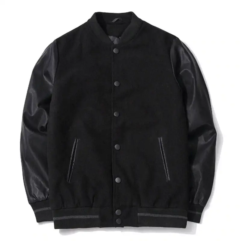 Leather Sleeve Wool Baseball Varsity Jacket Stand Collar Men Quilted Black Color Varsity Jackets USA Style Male Outerwear