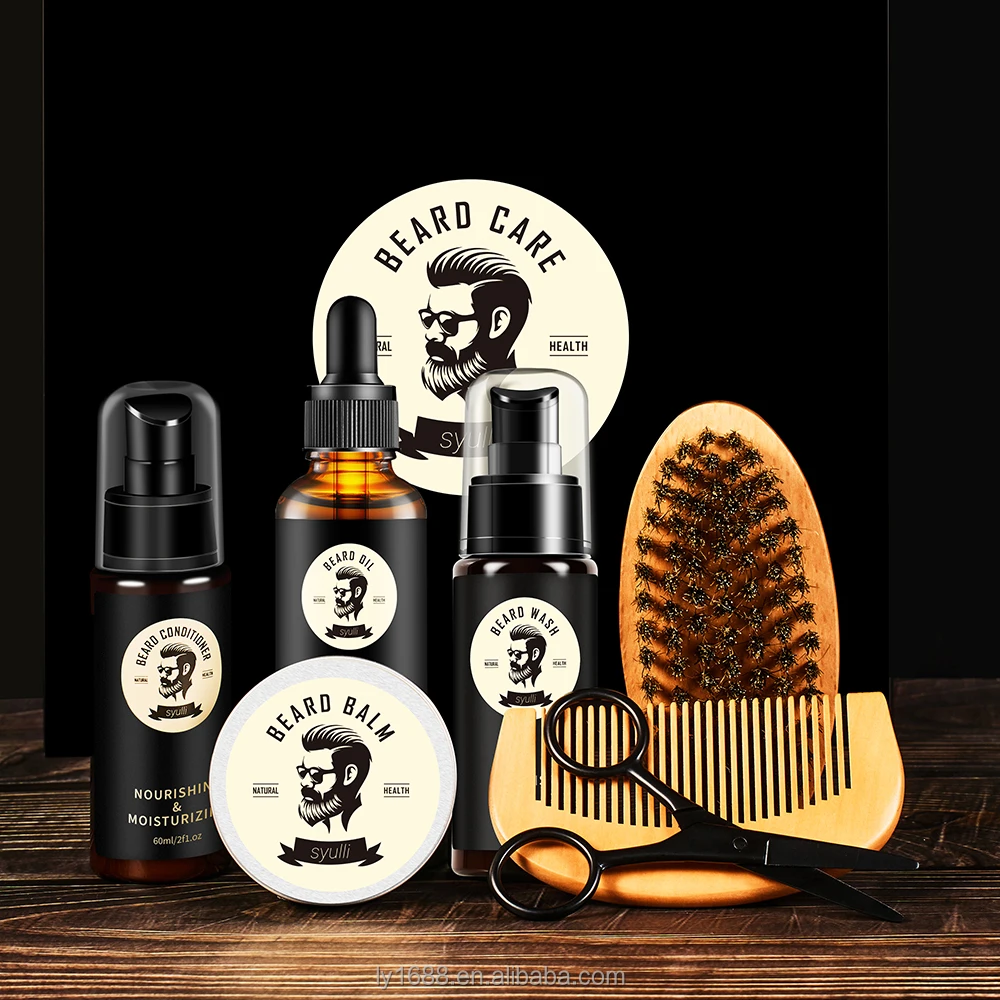 Private Label Men Grooming Care Set Natural Organic Facial Hair Growth Oil Balm Serum Beard Beard Kit For Styling Softens
