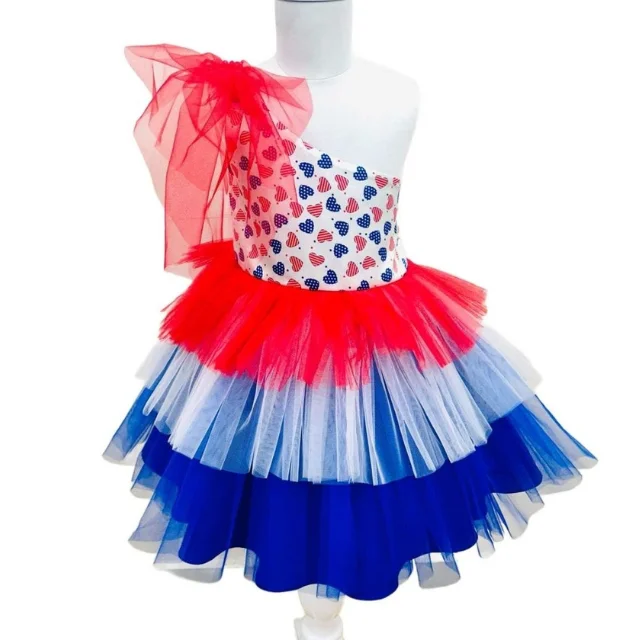 Quality Assured Red White Blue Tutu Net Dress With Net Bow 4th Of July Girls American Flag Dress For Girls Wearing