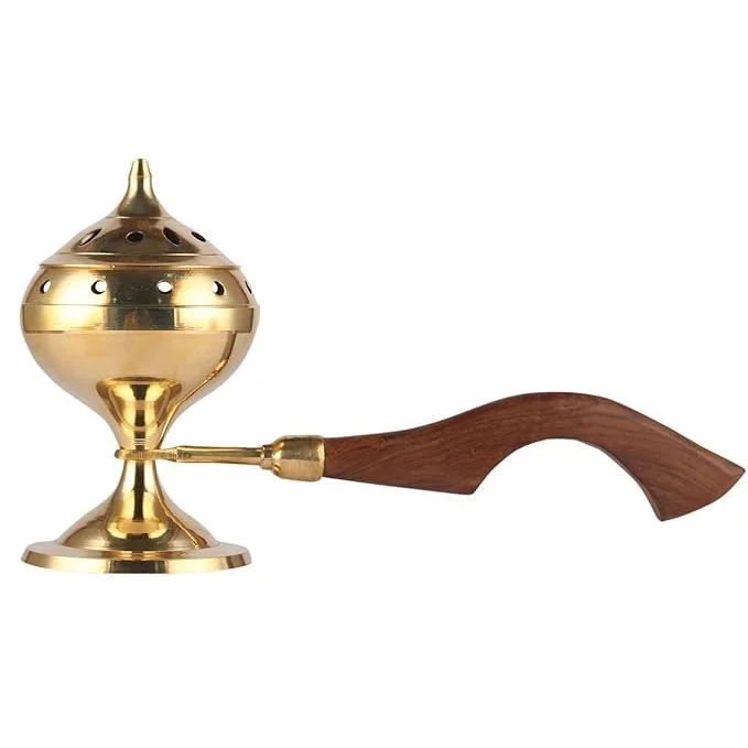 Brass Sambrani Stand & Loban Dhoop Burner with Wooden Incense Holder Customize Size and Shape Gold Polished