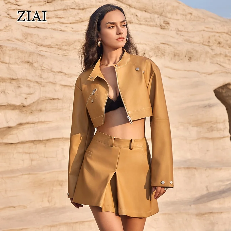 2024 Spring Summer Original Design Motorcycle Leather Coat Leather Skirt Retro PU Leather Coat Set ladies winter jackets