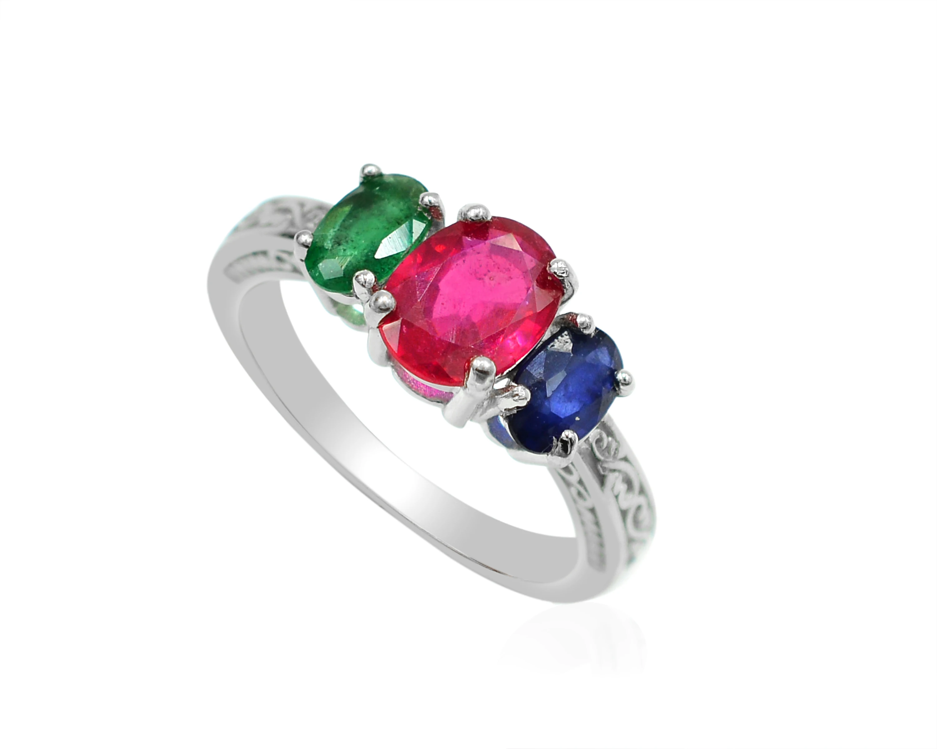 Натуральный Рубин изумрудно-голубой сапфировый Овальный кластер кольцо 925 стерлингового серебра с тремя драгоценными камнями Прямая поставка с завода из Индии