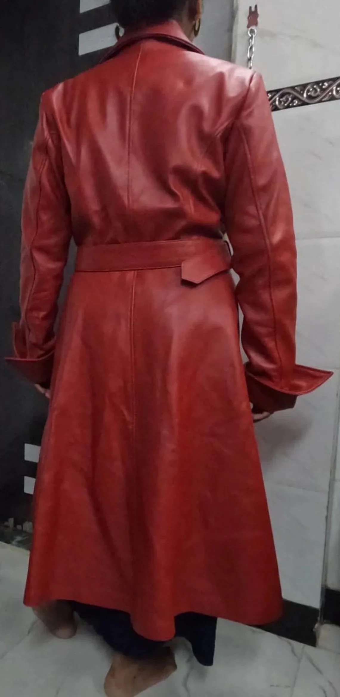 women red leather trench coat one button closure long coat single breasted leather coat stylish celebrity long overcoat