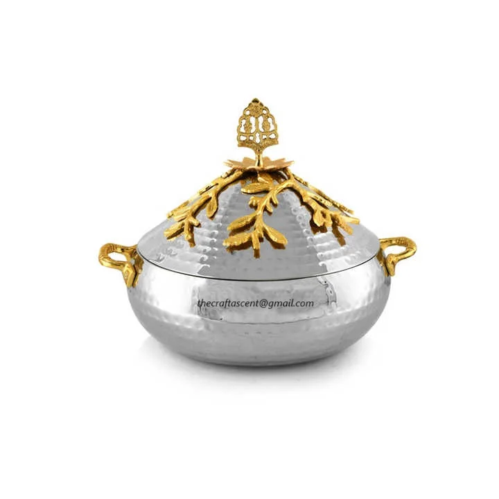 High Quality Gold Hammered Steel Casserole With Lid Modern Handmade Customized Metal Hotpot Food Server For Kitchens From India