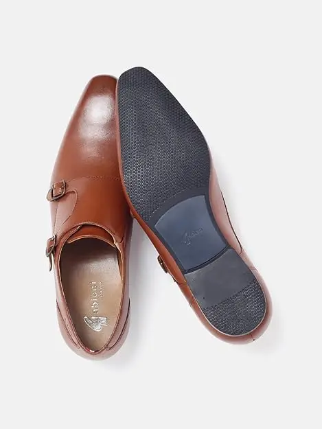 High Quality  TAN brown cow hide Leather Double monk strap derby model classic men shoes with TPR sole