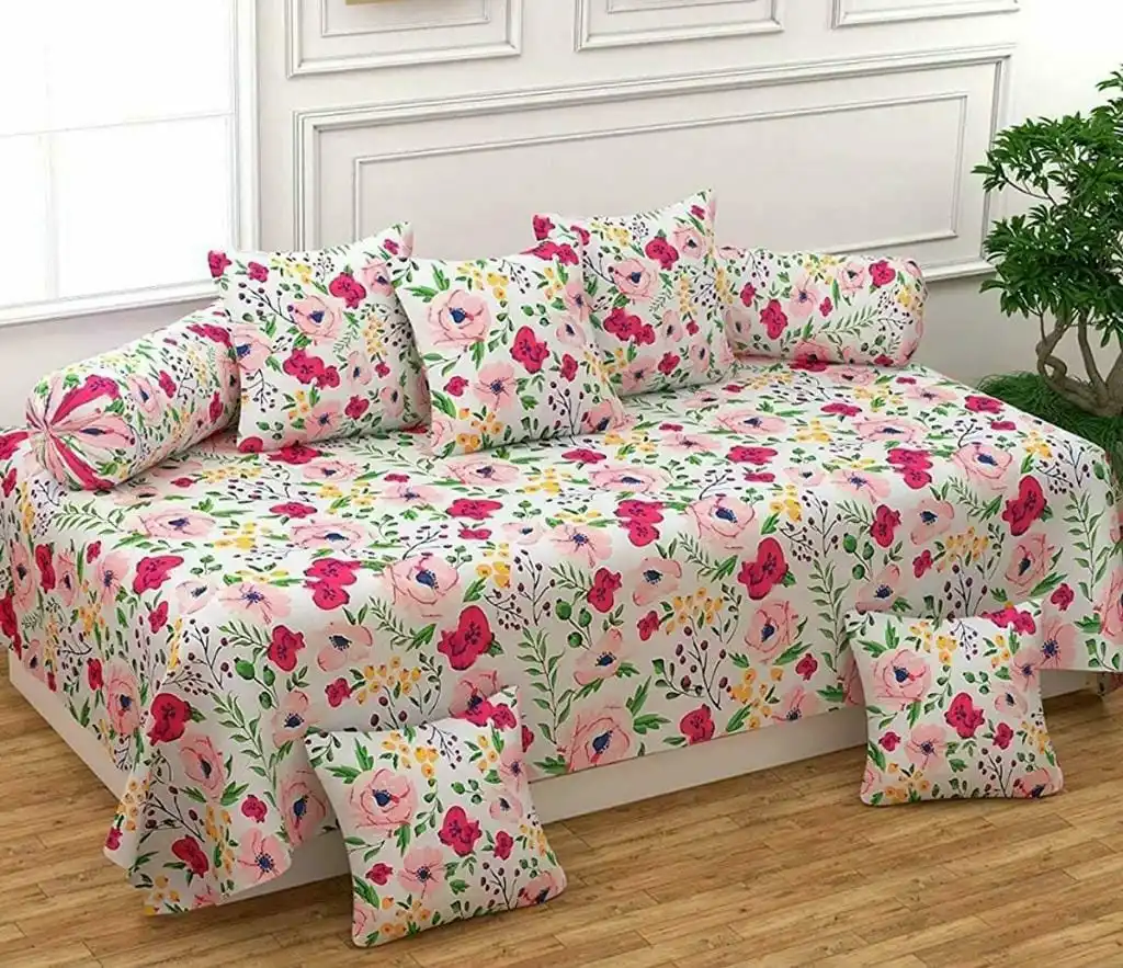 Supersoft Rosaria Glace Cotton Fabric Diwan (1+2+5) 8 PC Set for Bedding with Simple PVC Packing for Home and Hotel
