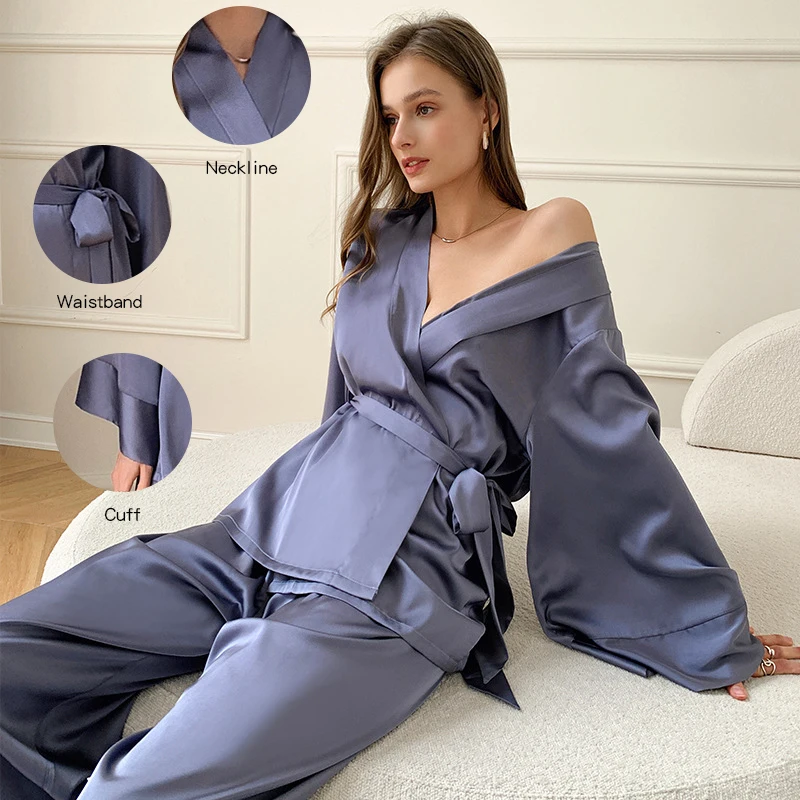 Оптовая продажа, роскошный Шелковый Атласный Костюм на заказ из двух предметов, однотонный свободный дизайнерский халат, пижамы