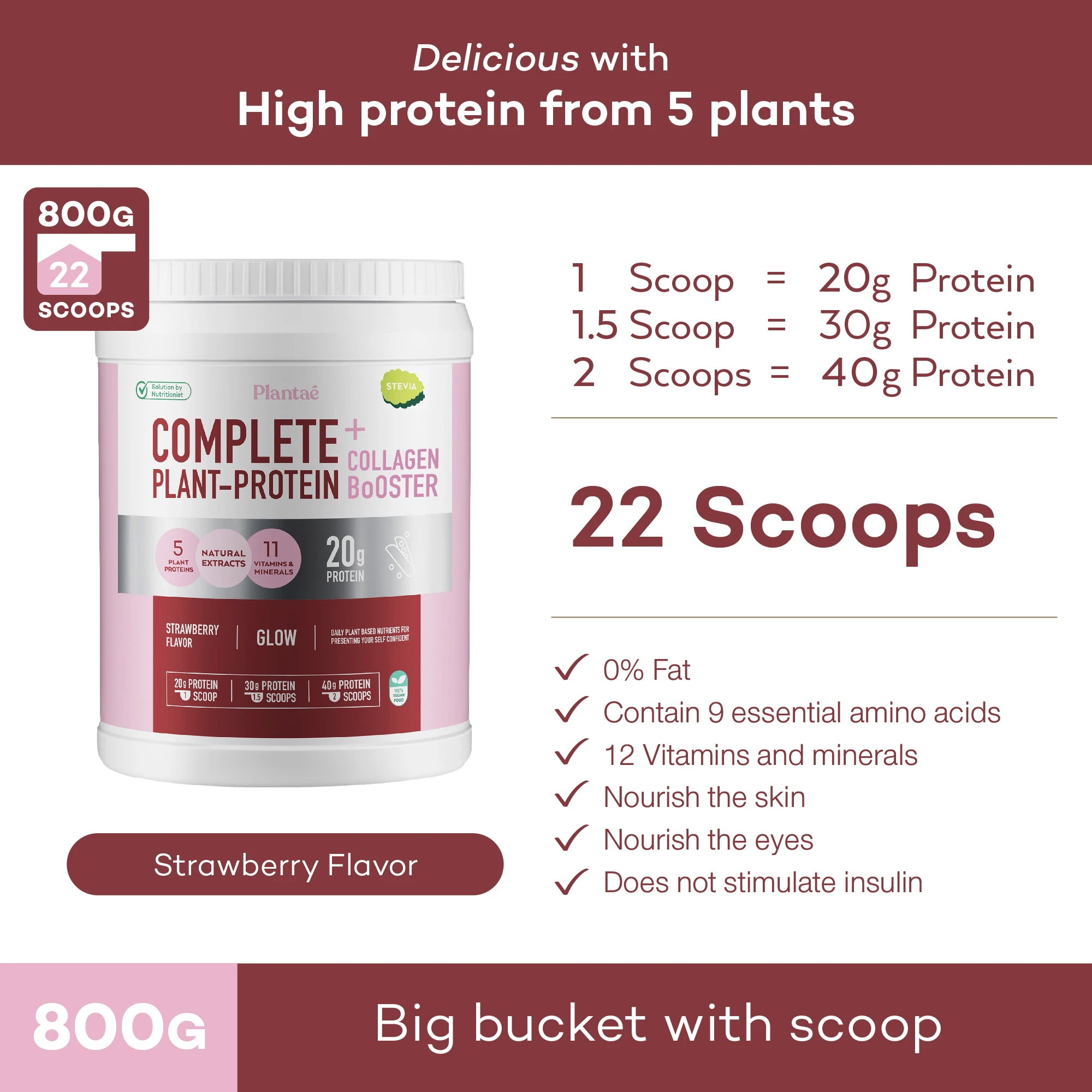 New Updated! High Quality Best Seller Complete Plant Protein + Collagen Booster Strawberry from Thailand 800g
