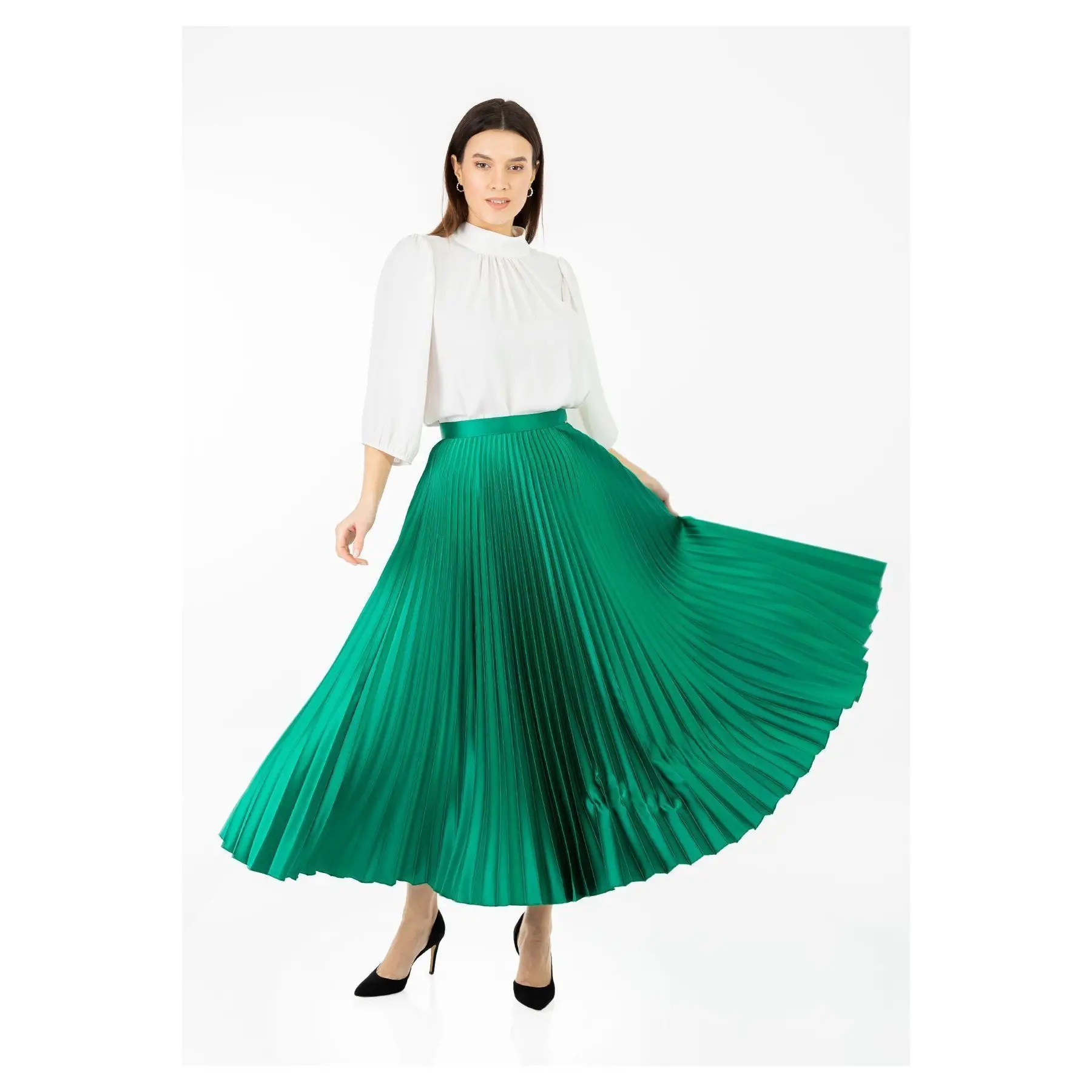Maxi Length Satin Green Pleated Skirt
