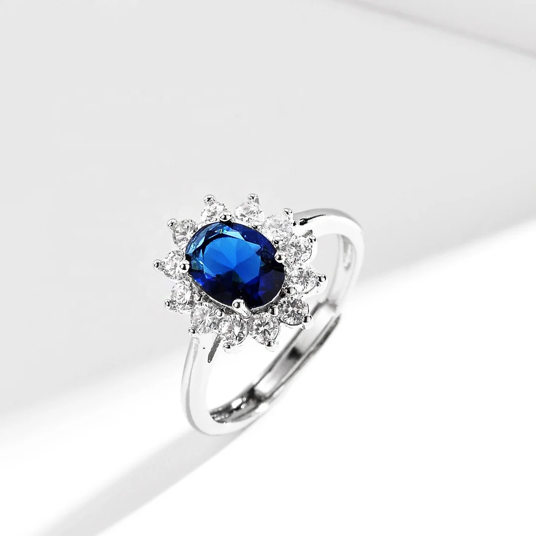 Dina 2022 New Elegant Women Blue Stone Diamond Drop Rings Flower Adjustable Rings Direct Factory Jewelry