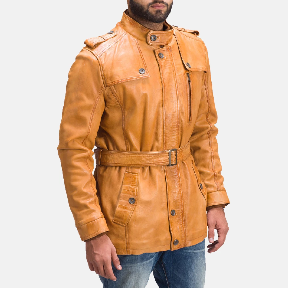 OEM Custom Stand Collar Distressed Waist Belt Beige Leather Coat/Waxed Sheep Leather Trench/OEM Custom Mens Leather Coat Jacket
