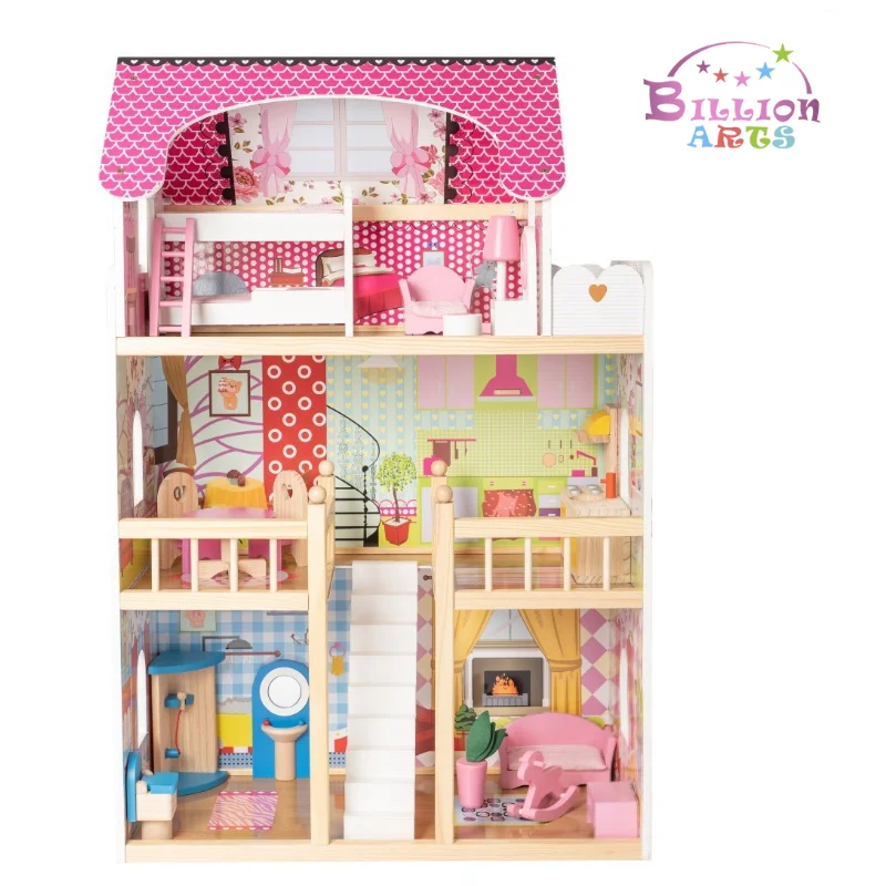 Pretend Role Play DIY Educational Toy Big Kids Wooden Doll House Villa With Doll Room Furniture Dollhouse