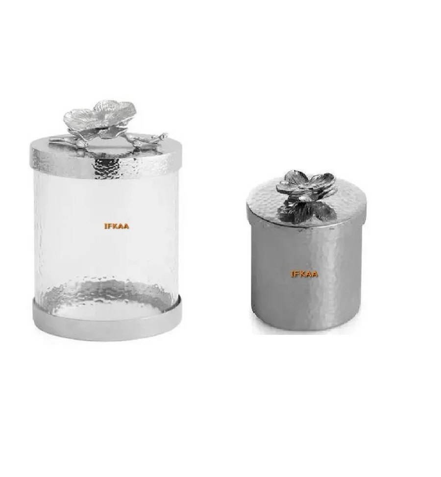 Premium Glass Jars With Gold Flower Lid Food Storage & Container Gold And Silver Home Hotel Restaurant Designer Fancy Glass Jar