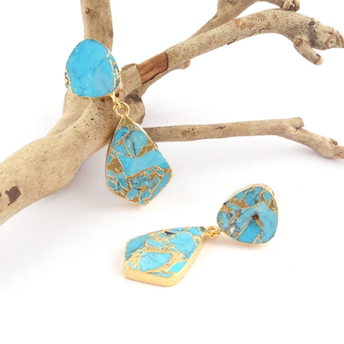 2023 New Trendy Mohave Sky Blue Copper Turquoise Double Stone Stud Dangle Earrings 24k Gold Plated Push Back Teardrop Earrings
