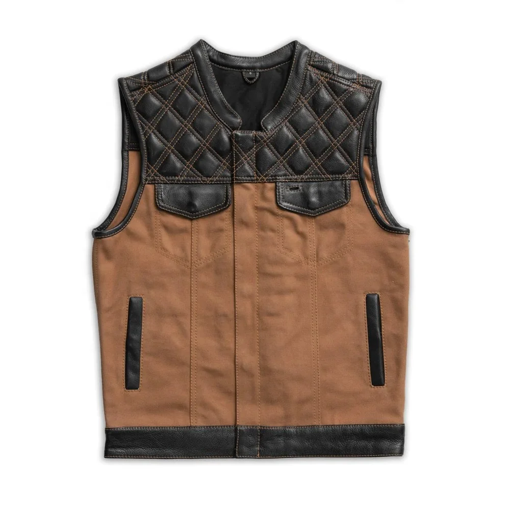 2025 Racer Biker Vest Canvas and Cowhide Club Style Men  Leather  Motorcycle Motor Bike Vest Cowboy Vest
