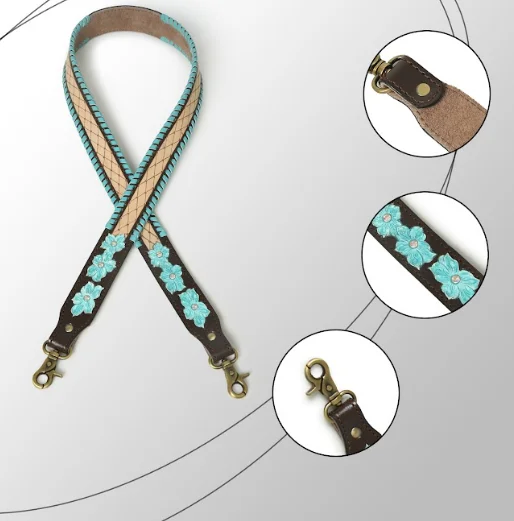 Real Cow Leather Antic Brass Hard Ware Leather Purses Straps Handles Leather Straps for Bag  With Turquois braiding