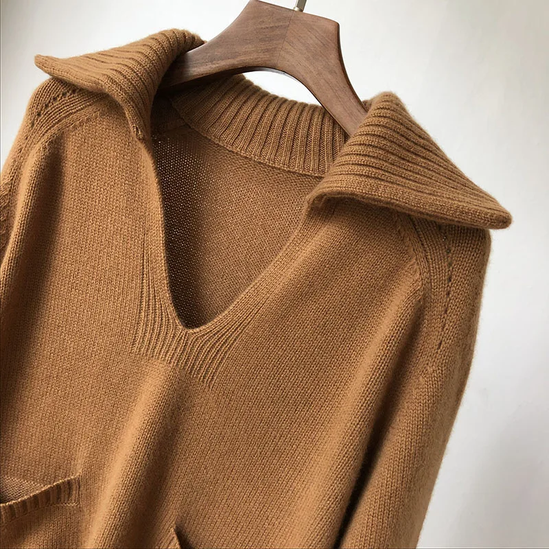 Women Elegant  Designer Sailor Collar Cashmere Wool Knit Jumper Sweater with Pockets