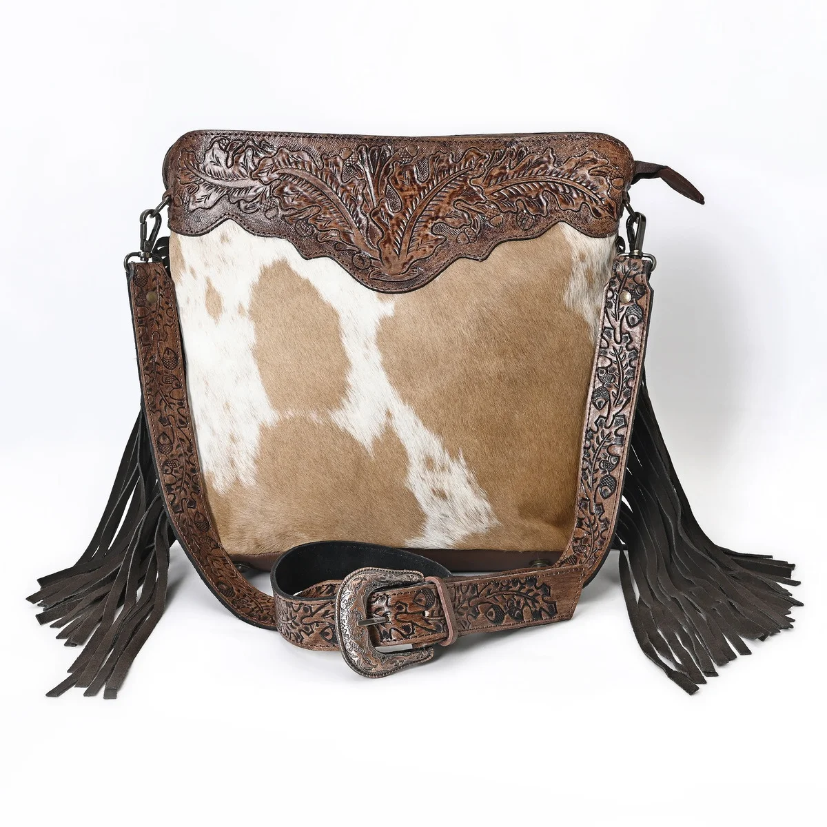 Leopard Print Cross Body Bag With Oak Leaf Pattern Hand Tooled Cowhide Patch on Top Hairon and Fur Leather Adjustable Straps