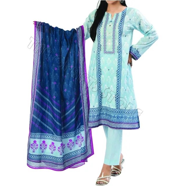 Original Branded Pakistani Lawn 3 Piece Suits With Gold Table Printed With Lace Work Embroider