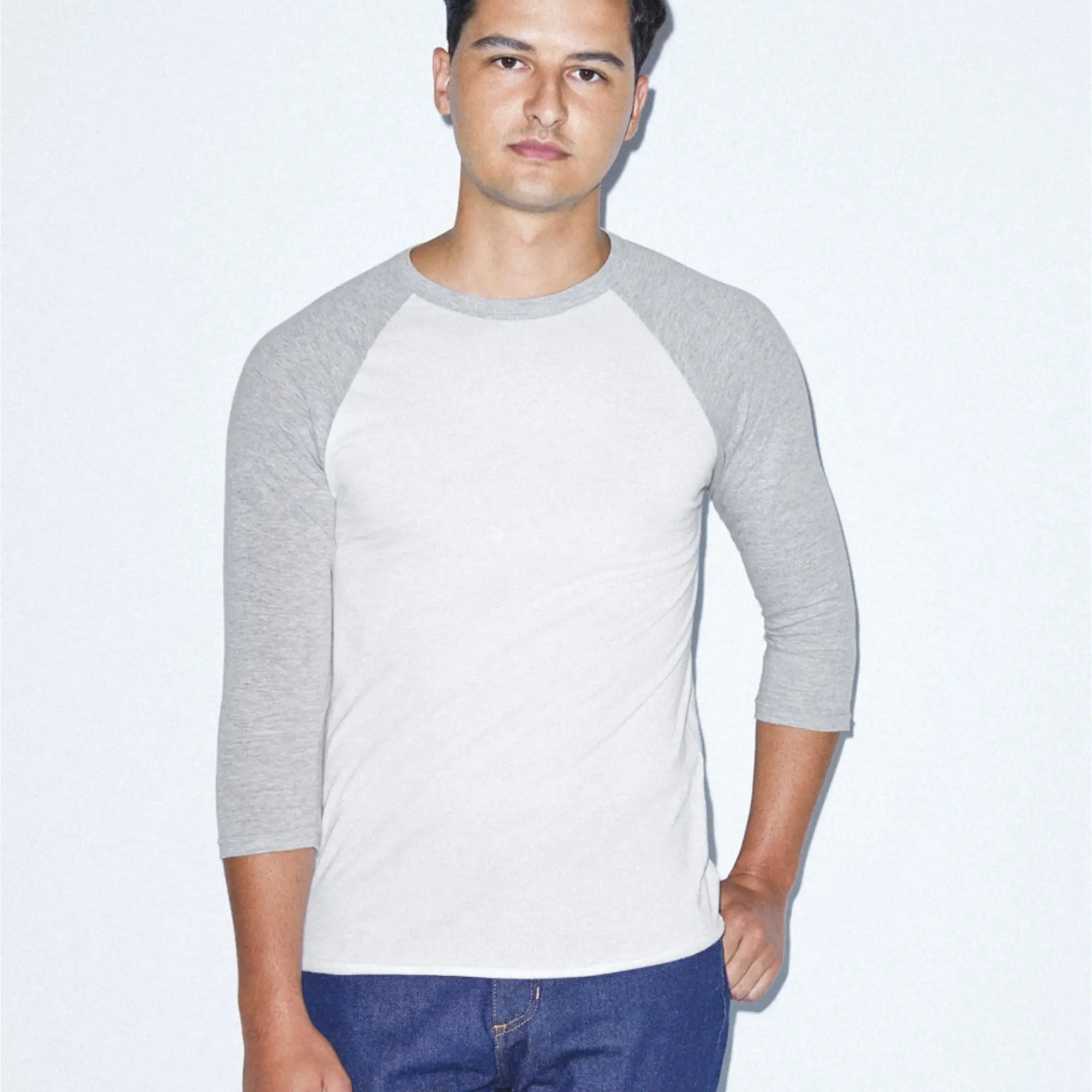 Ультрамягкое 50% хлопок полиэстер 200 gsm Slim Fit Легкий белый и серый меланж с рукавами реглан 3/4 футболка длинными