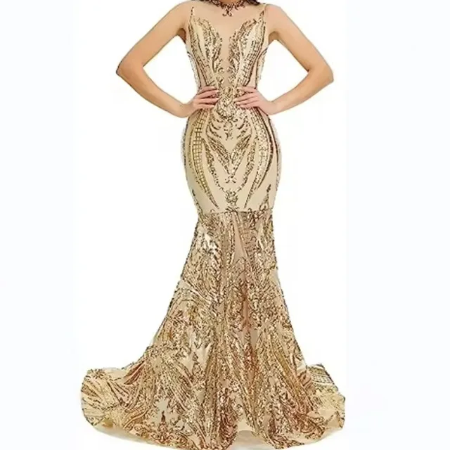 High quality royal ladies high class dinner party evening dress sleeveless sequin wrap hip fishtail host model evening dress