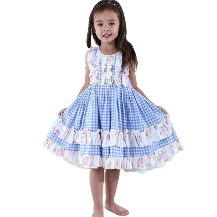 Jannybb new design  baby girl blue check print dress