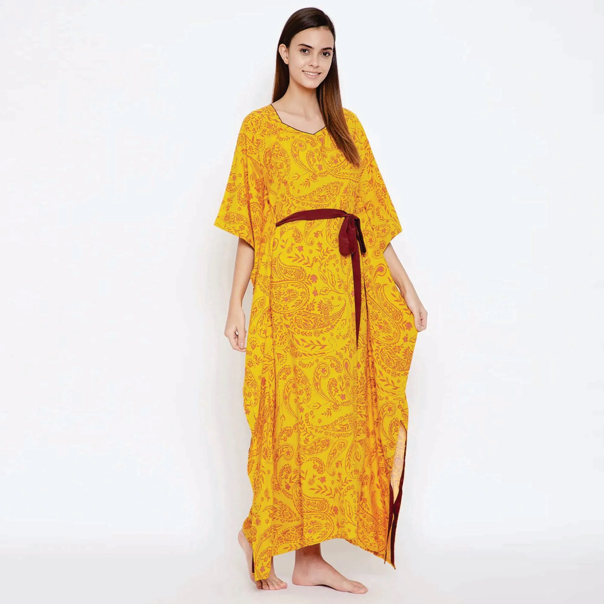 Comfortable Fit Viscose Modal Shaped Neckline with Piping Detail with Short Extended Sleeves Yellow Paisley Print Kaftan