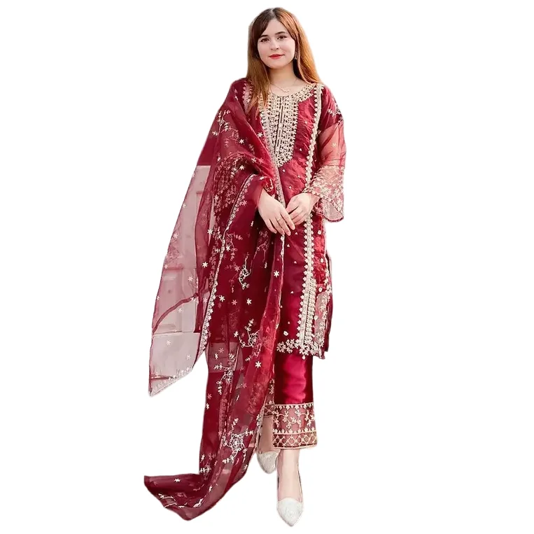 Salwar Kameez Readymade Party Wear, Pure Organza Straight Kurta With Pant & Duaptta, 3 Pc Customizable Pakistani Straight Kurta