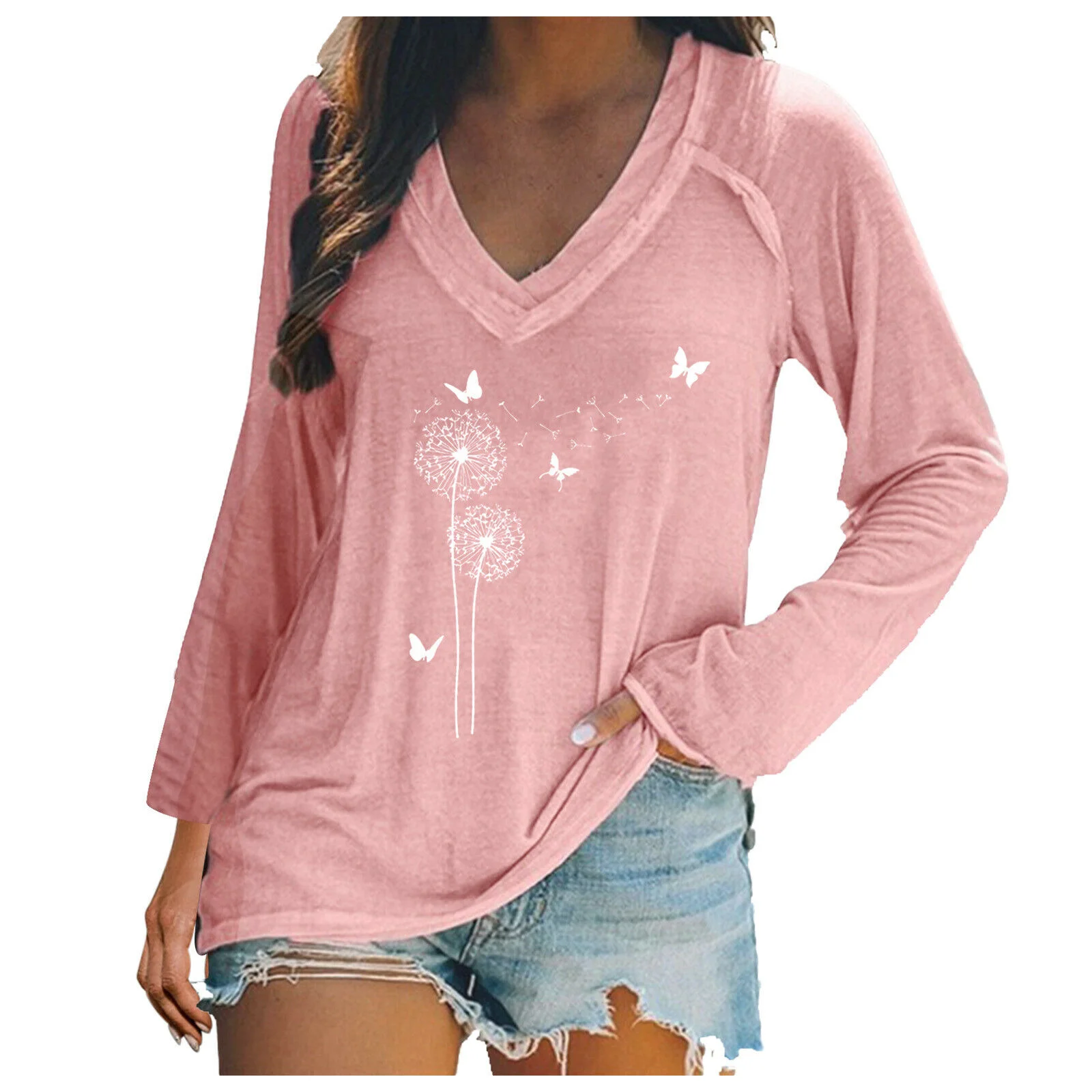 Latest 3d Digital Printed Women Casual V Neck Long Sleeve Casual T-Shirt Tops at Wholesale