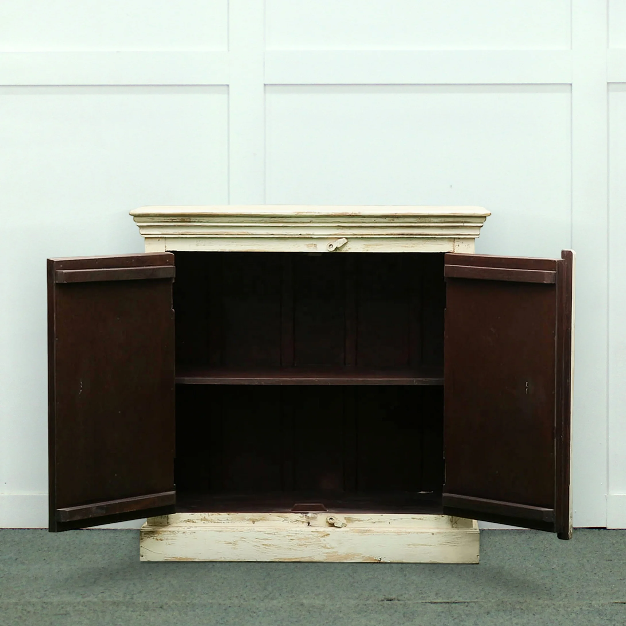 Distressed White Wash Farm house Look Shabby Chic Solid Mango Wood Two Door Storage Cabinet Sideboard Hand Carved Handmade