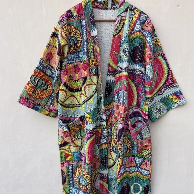 Manufacturer And Wholesale Vintage Indian Handmade Kantha Quilted Kimono Robe Cardigans Long Kimono And Bathrobe Beach Robes