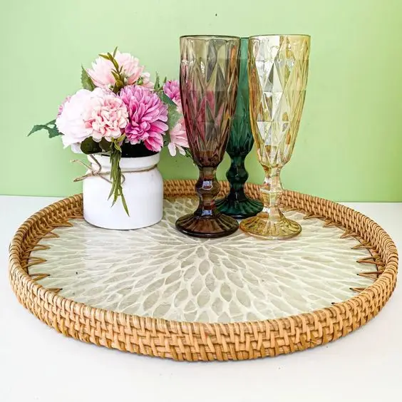New Item 13 inch Rattan Ceramic Tray Customized Ceramic Wholesale Decorative Tray Mother of Pearl Food Storage Tray from Vietnam