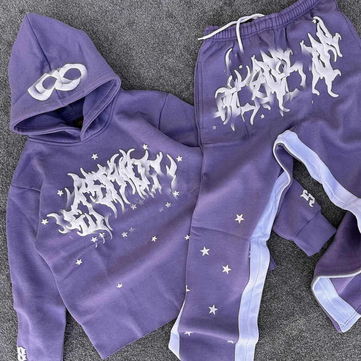 Custom style Cropped sweatsuit Men Vintage No String Saint Lined Pullover Cut And Sew Hoodies Flared Sweatpants