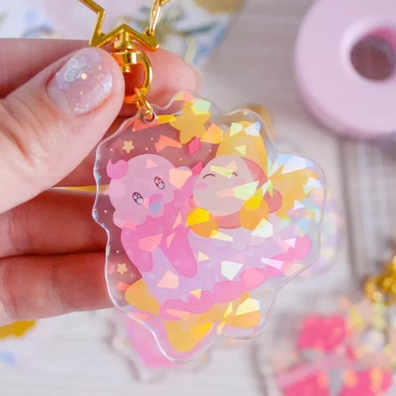 Laser logo clear printed charm custom acrylic holographic finish keychain