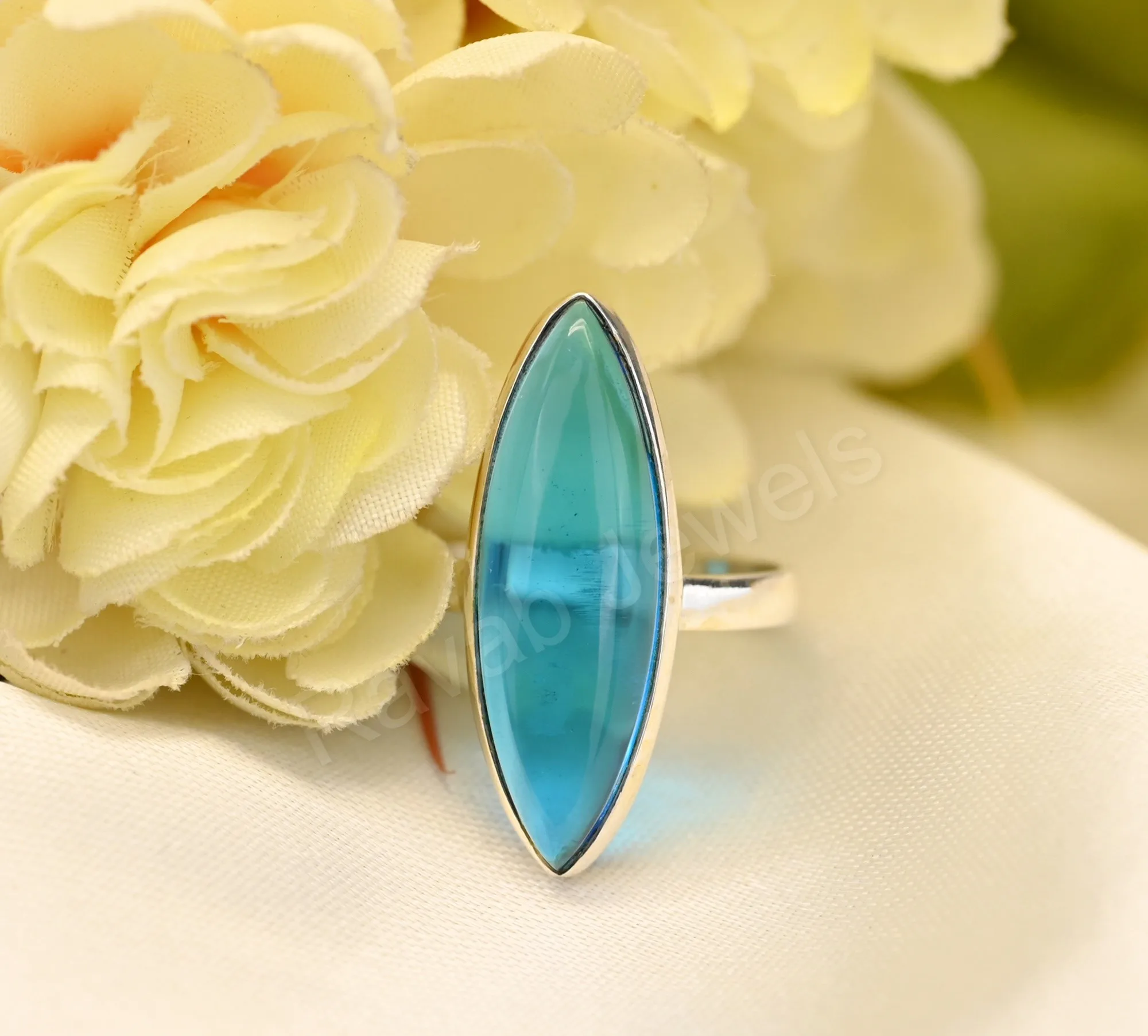 Top Quality Silver Jewellery Finger Ring Christmas Gift Marquise 10x30mm Eternity Vermeil Blue Topaz Hydro Quartz Gemstone Ring