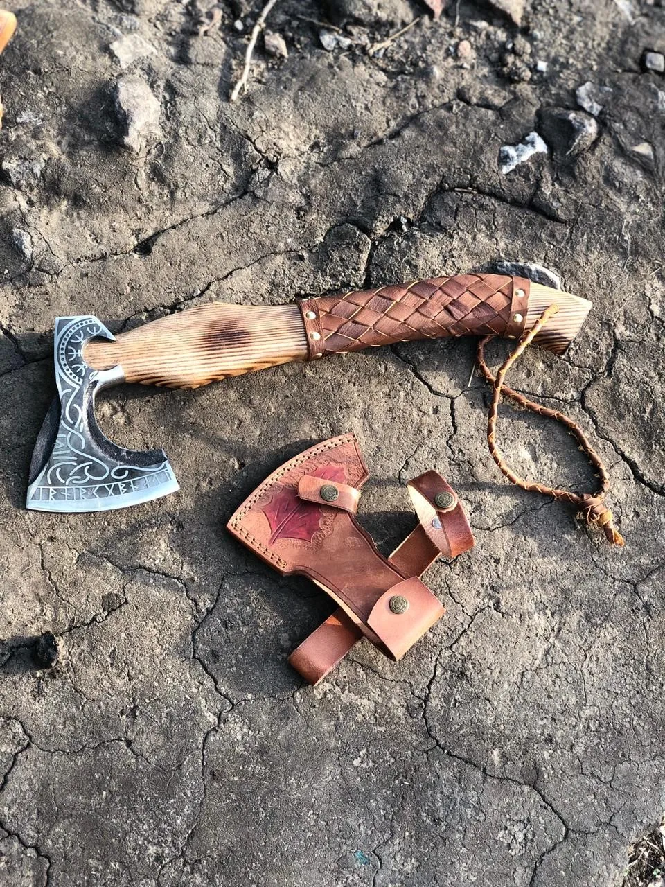 Custom Handmade Viking Axe with Amazing Engraved Handle and Leather Wrapping Custom Made Axes For Sale