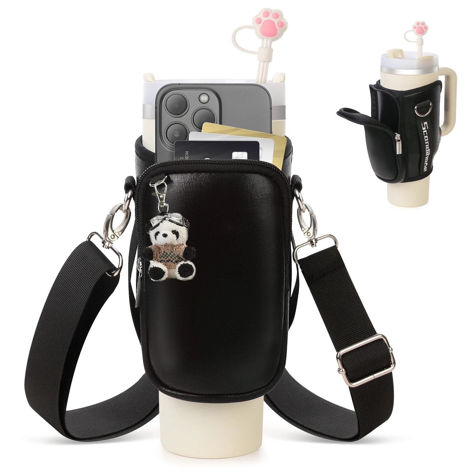Adjustable Strap Neoprene 40oz Water Bottle with Mobile Phone Bag Pocket Bottom Hollow Design for Cooler Bags