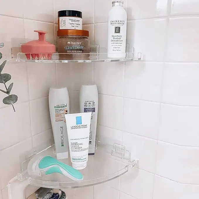Adhesive Wall Mounted Bathroom Organizer for Inside Shower Caddy Shelf with Hooks 2 Pack