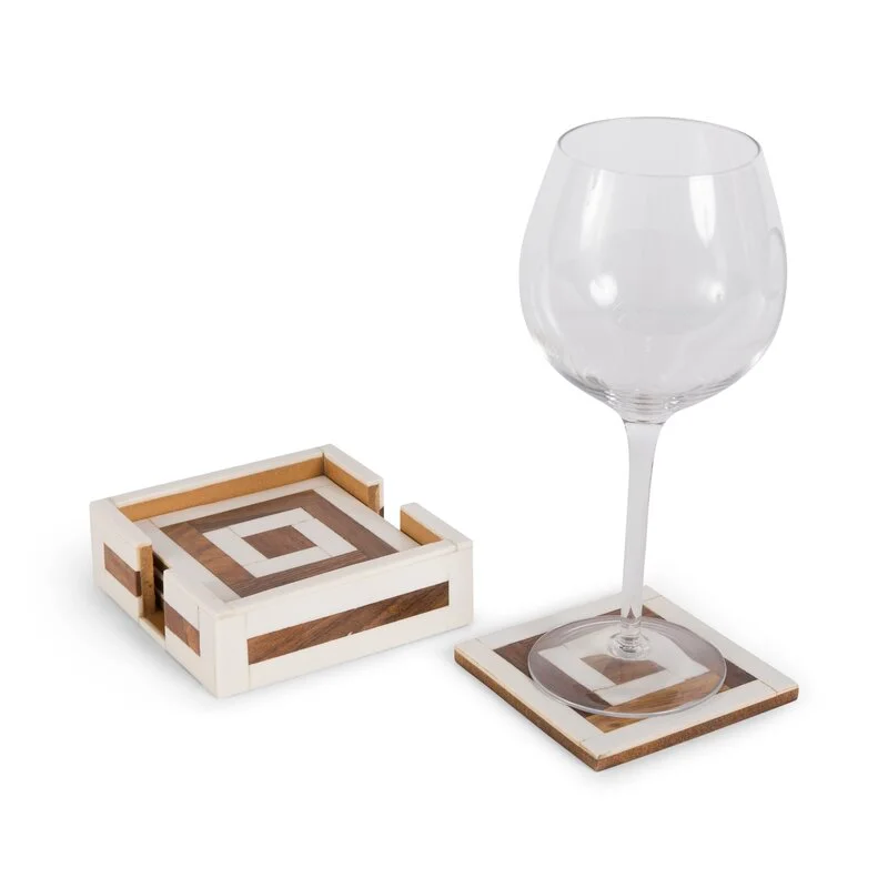 Premium 4pcs Set Anti-Scalding Solid Wood Bone Coaster Square and Circular Tea Coasters with Blooming Bud for Table Use