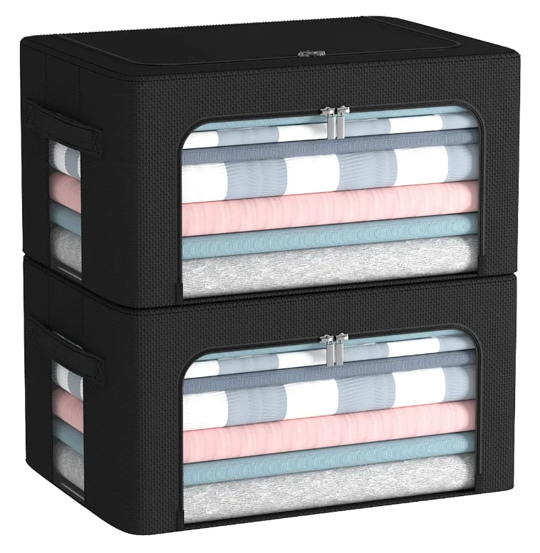 Clothes Storage Bins Box - Foldable Stackable Container Organizer Set with Clear Window & Carry Handles & Metal Frame