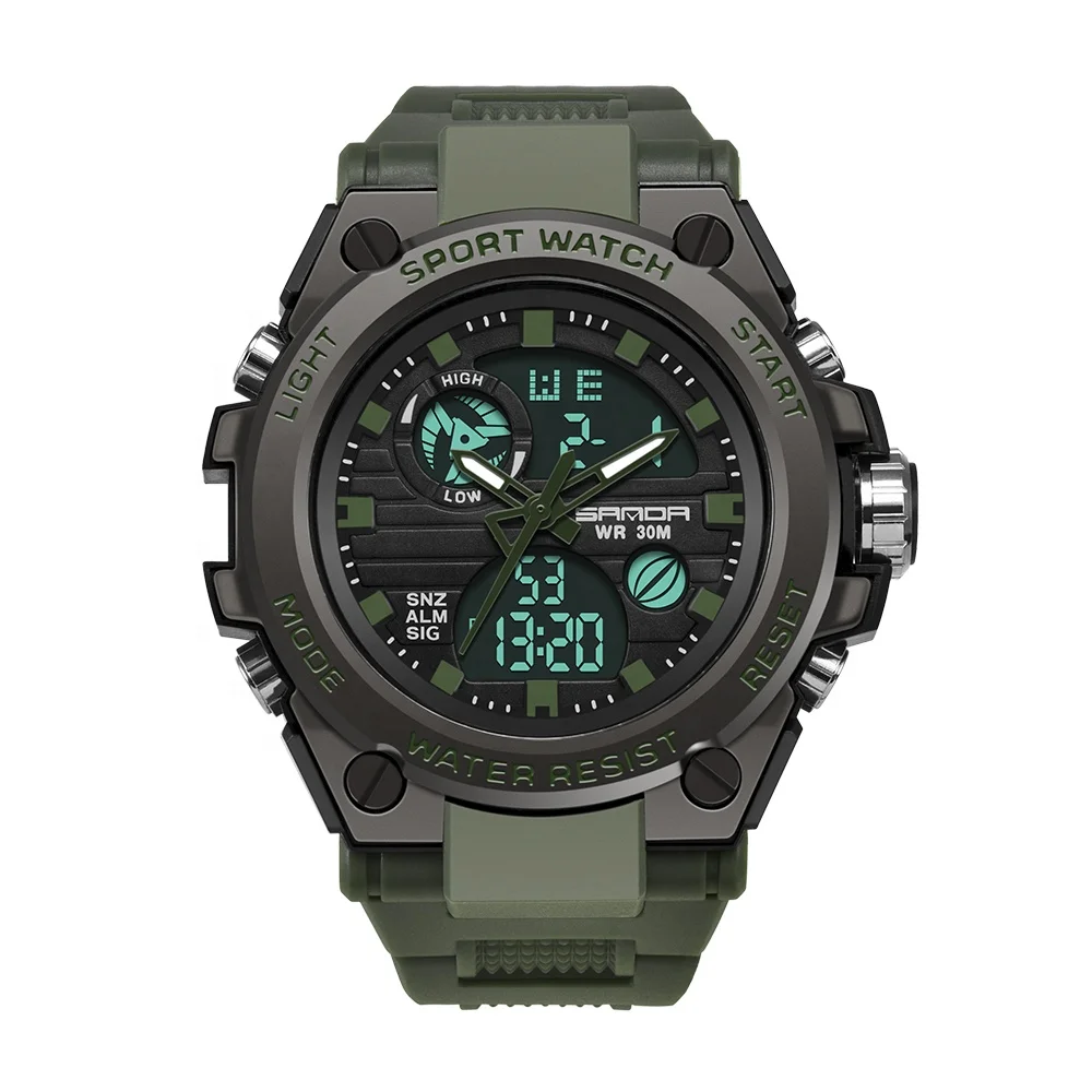 Green Light Black Rubber Strap Digital Watches Quartz Movement Waterproof Sport Men Grade Big Smart Watch