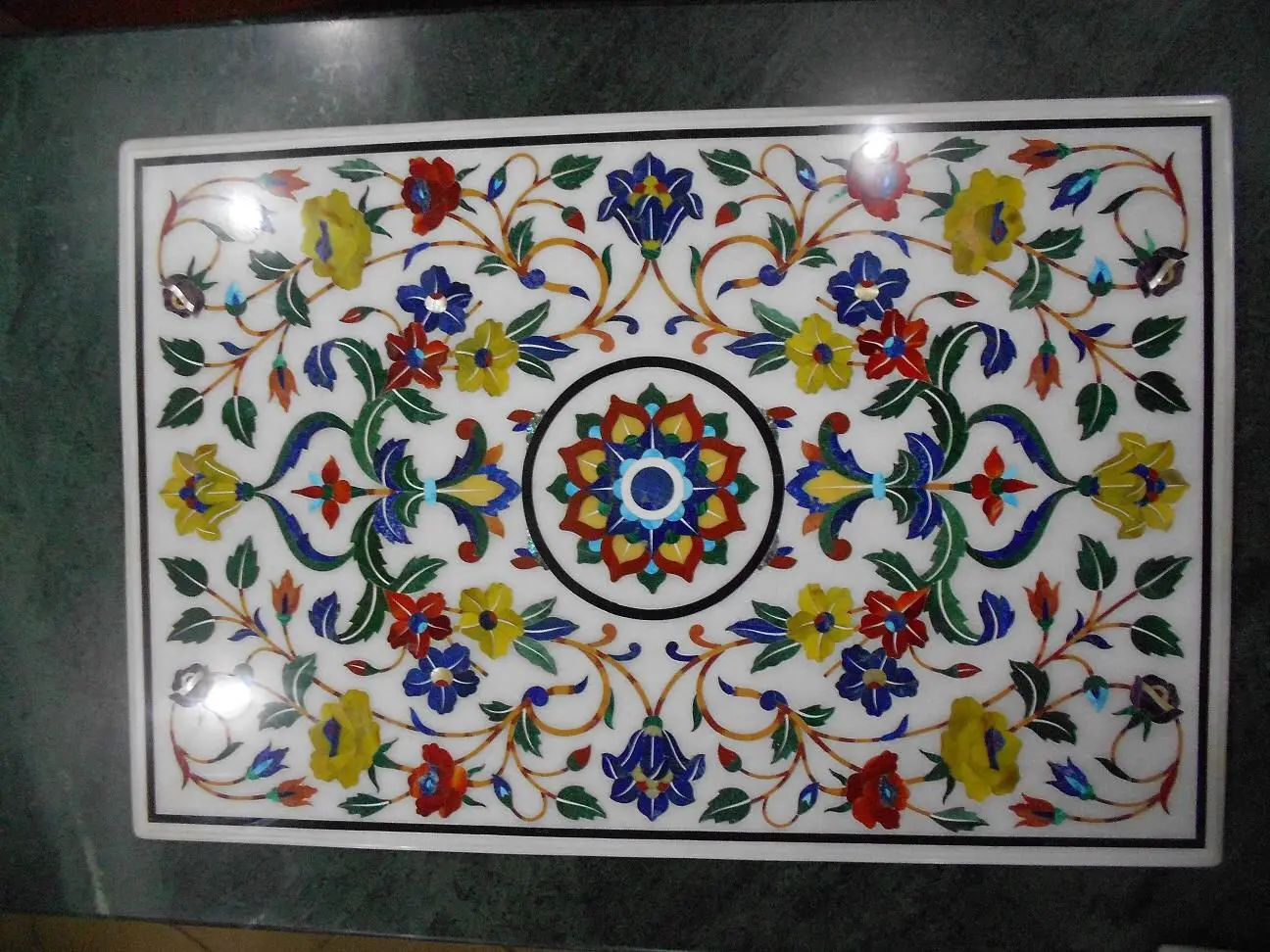 Exclusive Multi-Gemstone Marble Dining Table Top Pietra Dura Stone Inlaid Contemporary Style Kitchen Living Room Office Home Use