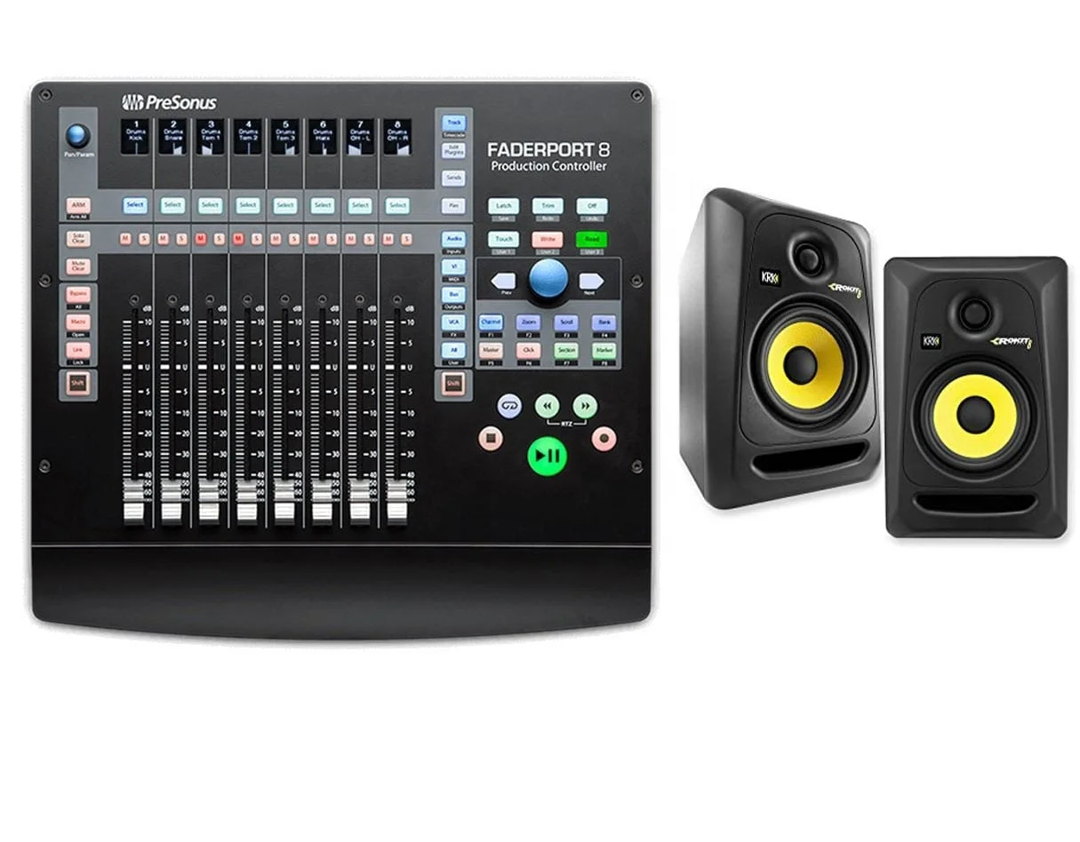 Pre Sonus Faderport 8 Mix Production Controller. With KRK Rokit 5 G4  100W 8 Two-Way Active Studio Monitor (Pair)